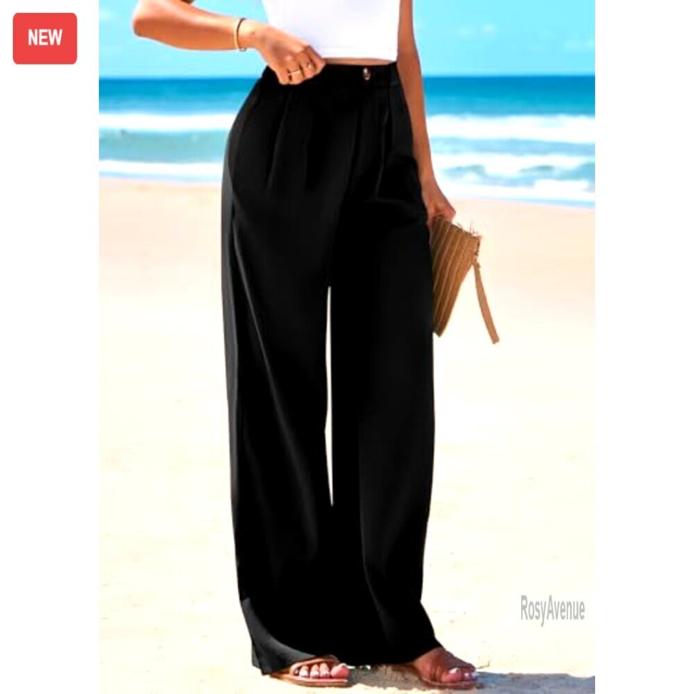 High Waisted Wide Leg Palazzo Pants, Office Work Trousers, Elastic Waist - Picture 5 of 7